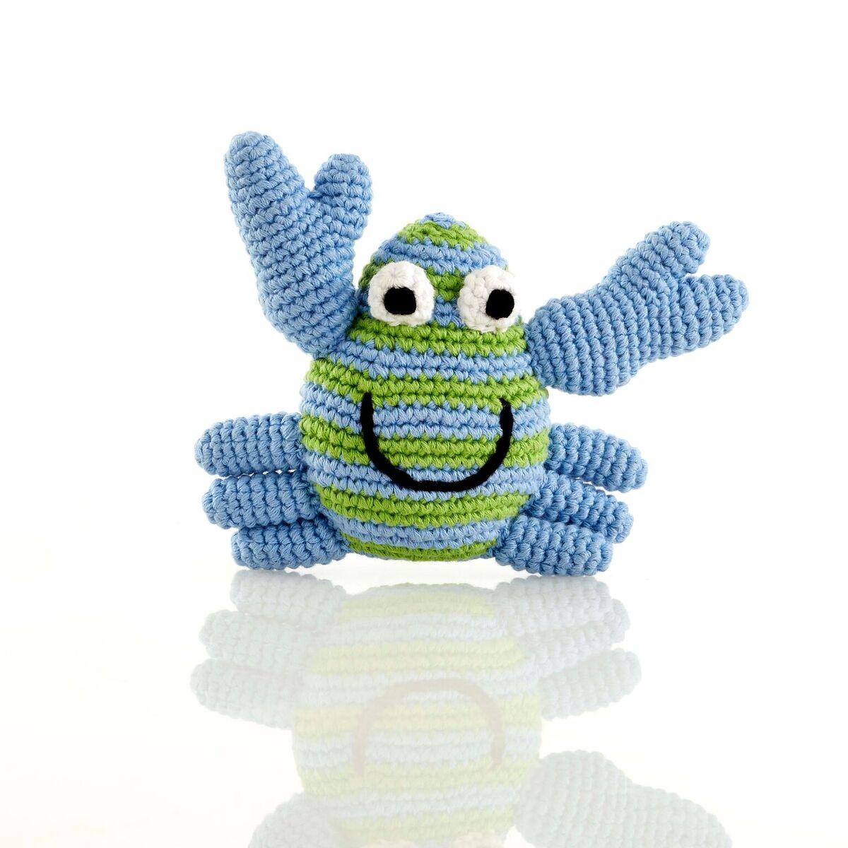 Crochet Cotton Crab Baby Rattle in blu & green stripes with smiley face